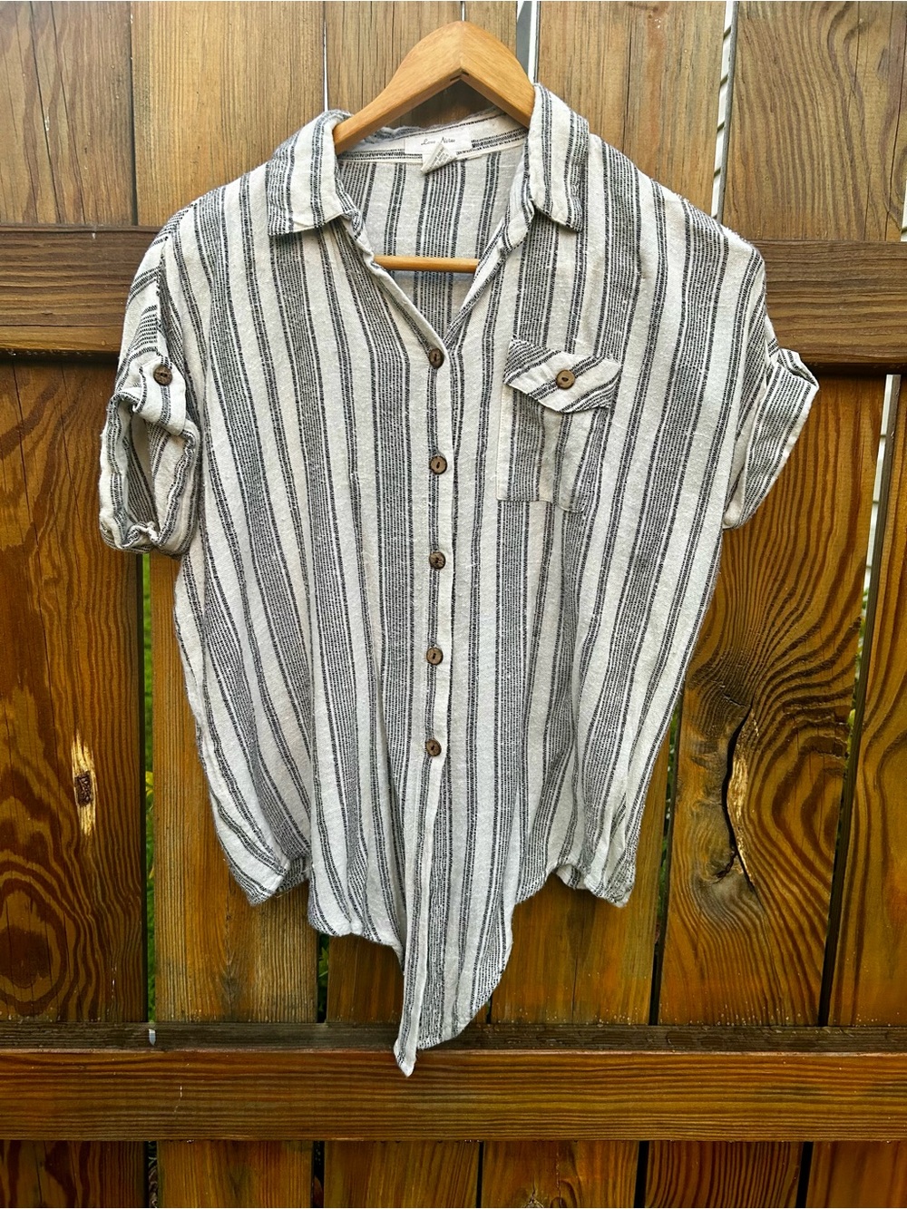 Love Notes Striped Shirt Tie Front Roll Tab Sleeves Sz. Small
